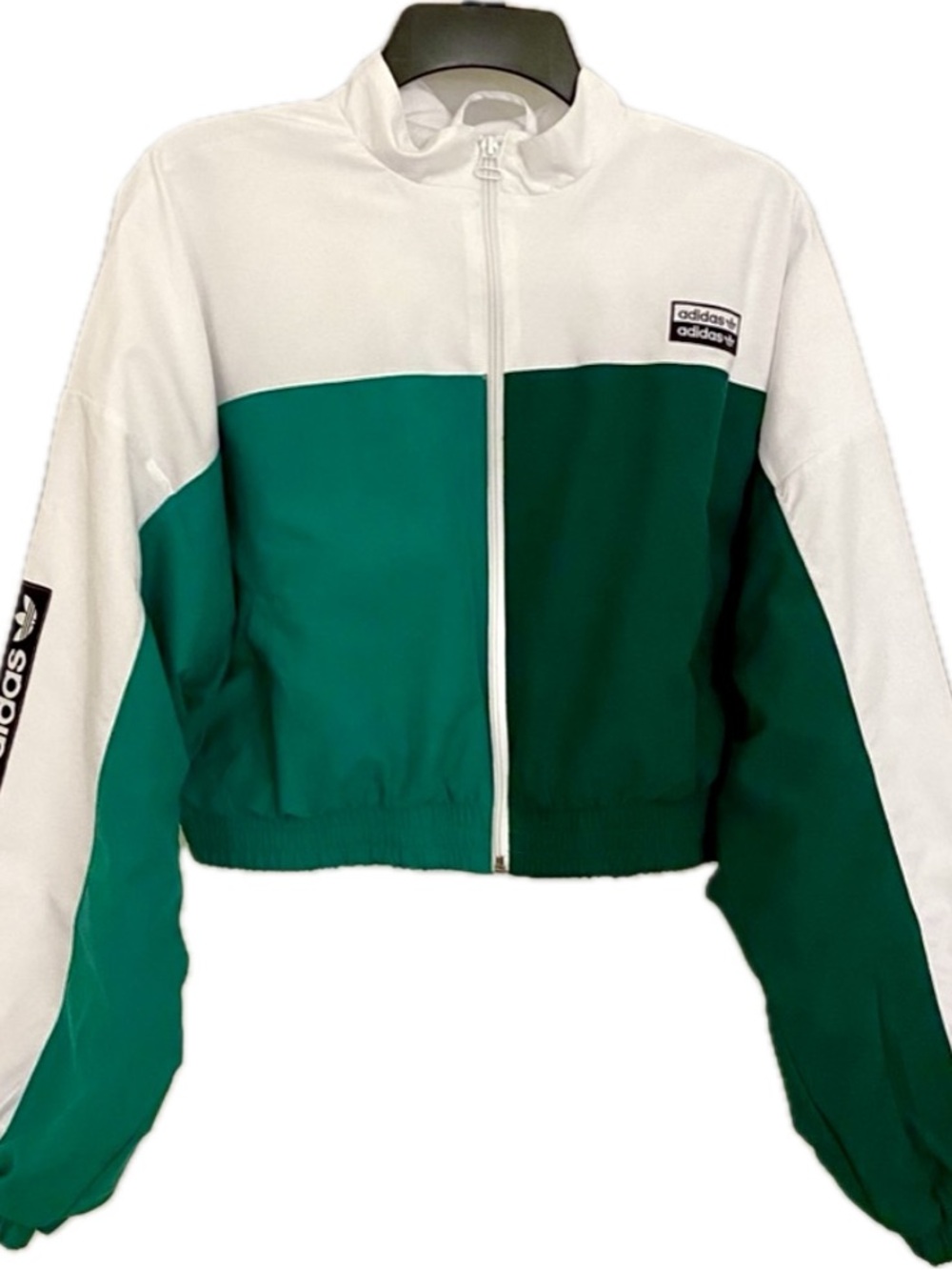 adidas White and Green Colorblock Cropped Track Jacket